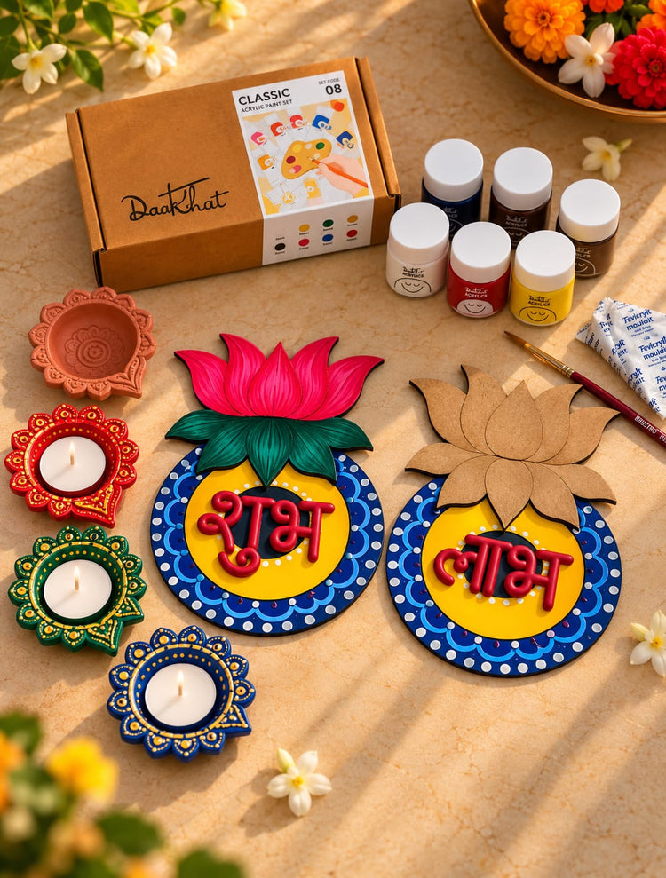KalaKari DIY Diwali painting kit with MDF wall decor, four clay diyas and craft materials