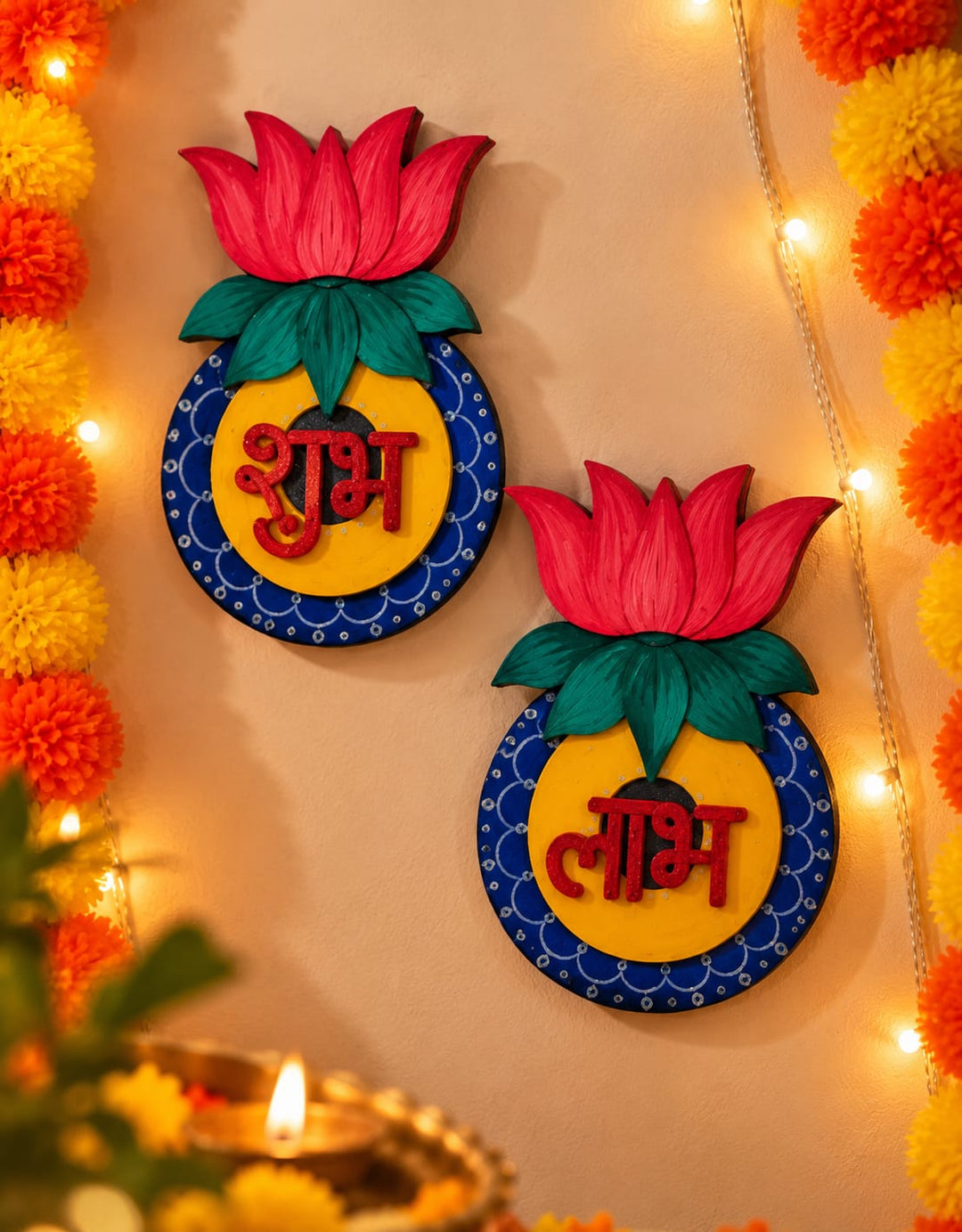 KalaKari painted lotus Shubh Labh wall decor display