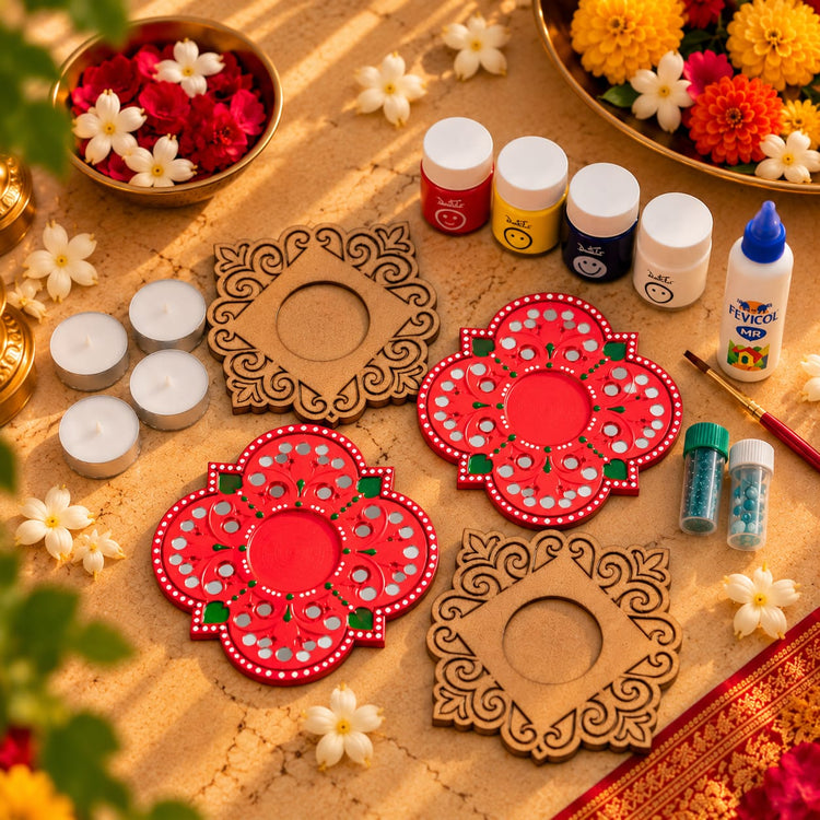 Ujala DIY tealight stand painting kit with four MDF coasters, tealight candles, acrylic paints, glue, mirrors and sparkle